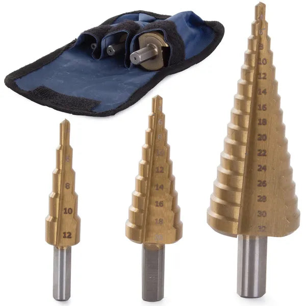 3 részes HSS titán bevonatú kúpos lépcsős fúrókészlet 4–32 mm tokban