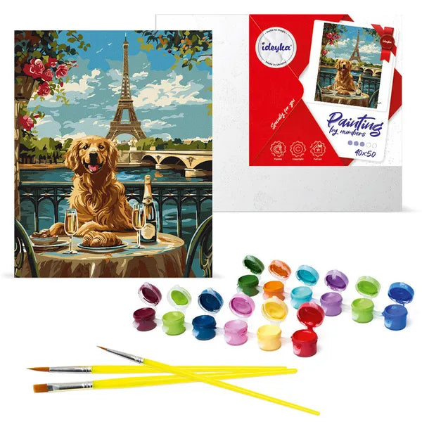 Számozott kifestő készlet – golden retriever Párizsban, 40×50 cm