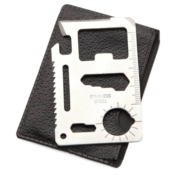 11 funkciós rozsdamentes acél túlélőkártya bőr tokkal, 6.7×4.5 cm