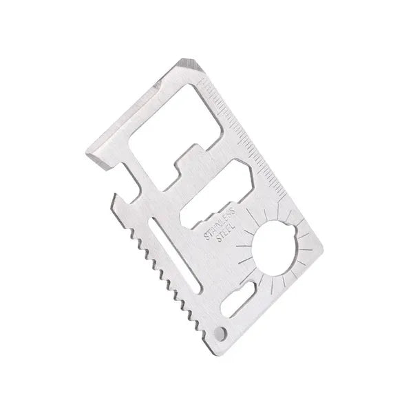 11 funkciós rozsdamentes acél túlélőkártya bőr tokkal, 6.7×4.5 cm