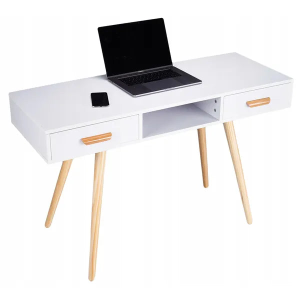 Modern fehér sminkasztal/íróasztal 120×45×75 cm, fenyőfa lábakkal, 2 fiókkal
