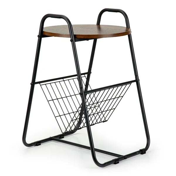 Loft éjjeliszekrény/dohányzóasztal, fém váz, MDF lap, újságtartó, 39,5×47×64 cm