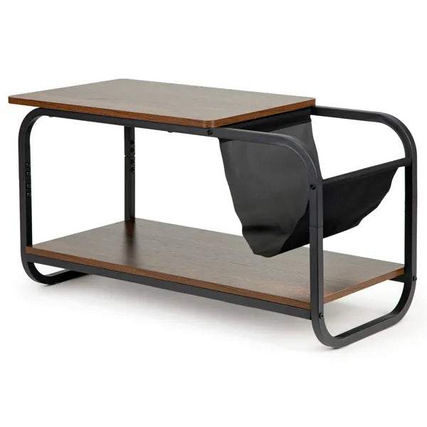 Modern loft dohányzóasztal, 2 szintes, MDF 86,5×40×46 cm, fekete fém vázzal