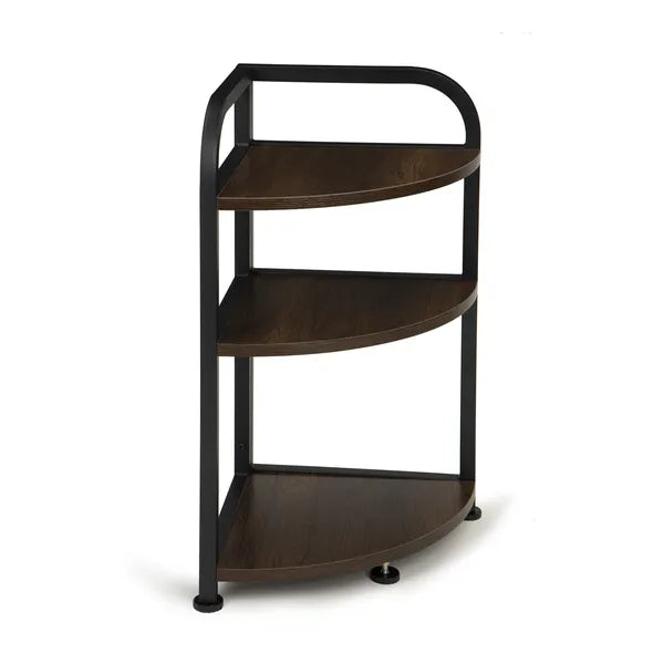 Loft sarokpolc porszórt fém vázzal, 3 sötétbarna fa polc, 32×62 cm
