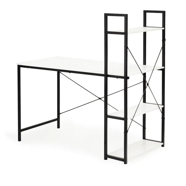Loft íróasztal 120×64 cm, fehér MDF lap, 4 polcos fém könyvespolc