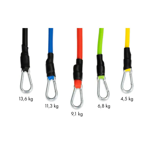 5 darabos ellenállásos gumiszalag szett fogantyúkkal, 4,5-45 kg
