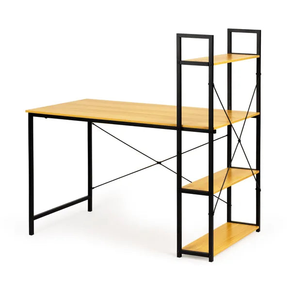 Loft stílusú fa-fém számítógép asztal, 120x64 cm, 4 polcos állvánnyal