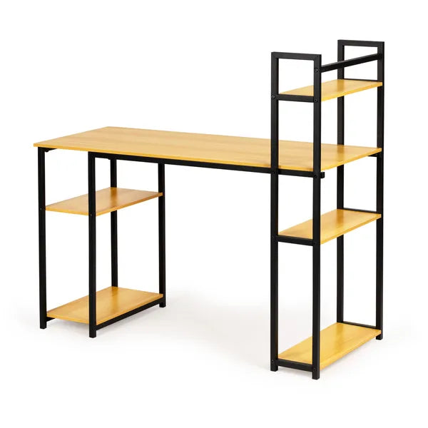 Loft stílusú íróasztal 6 polccal, világos tölgy, 120×54 cm