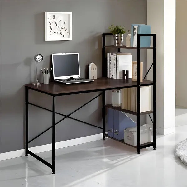Loft stílusú fa–fém számítógépasztal, 120×64 cm, 4 polccal