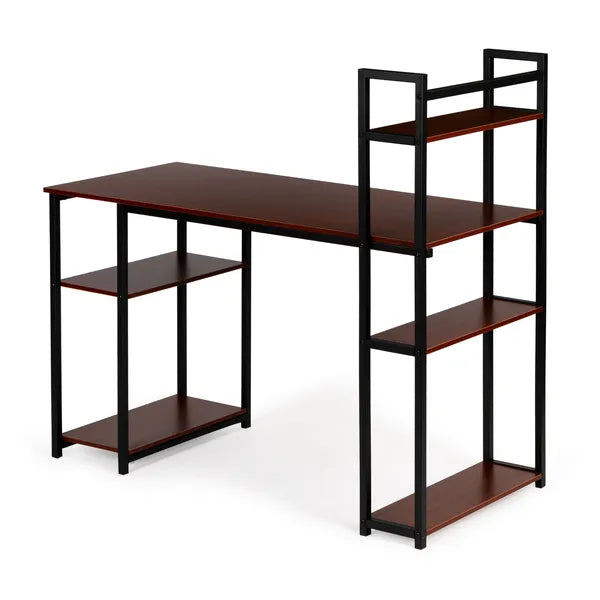 Loft stílusú számítógépasztal 120×54 cm, 6 polc, világos tölgy/fekete