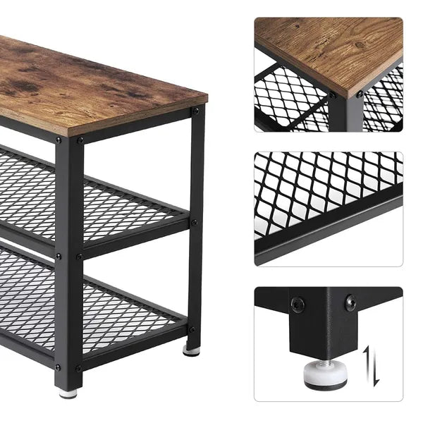 Loft cipősszekrény ülőkével, 2 polc, fém-fa, 73×30×45 cm, rusztikus barna