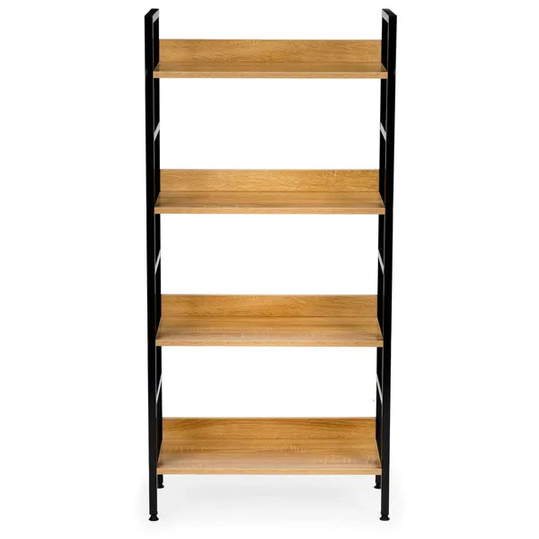 Loft stílusú 4 polcos fa–fém könyvespolc, 60x28x125 cm, állítható lábakkal