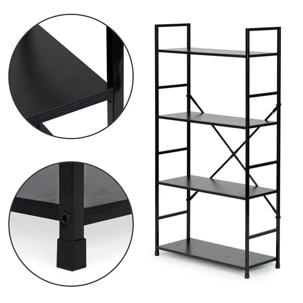 Loft stílusú 4 polcos könyvespolc, MDF/fém, 113 cm, fekete