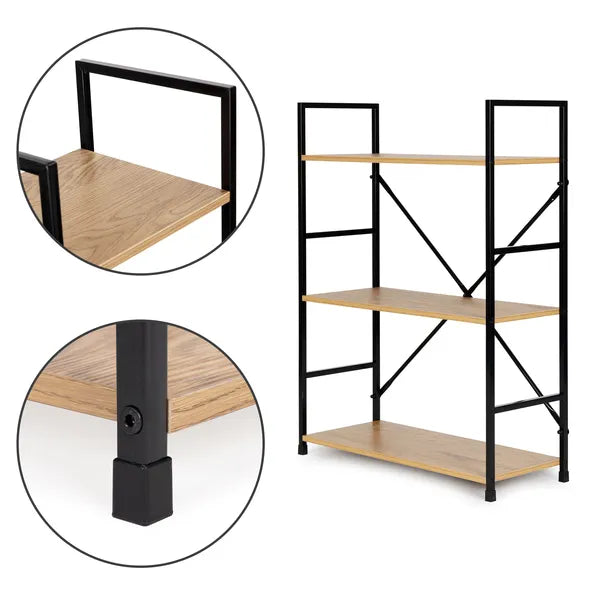 3 polcos loft stílusú fa-MDF polc fekete fém vázzal, 60×24×80 cm
