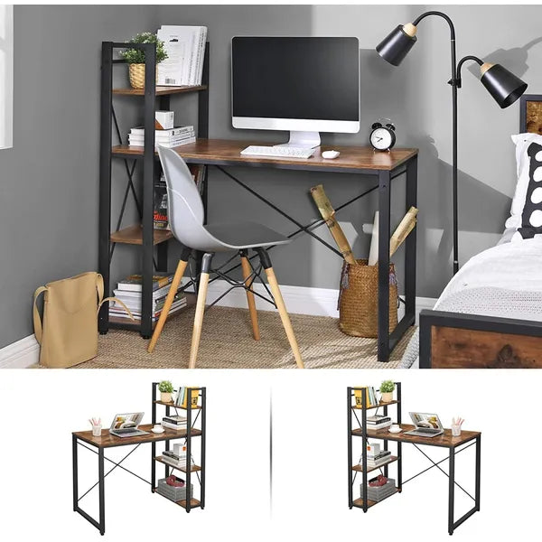 Íróasztal loft stílusban, 120×60 cm, 4 polccal, barna/fekete fémvázzal