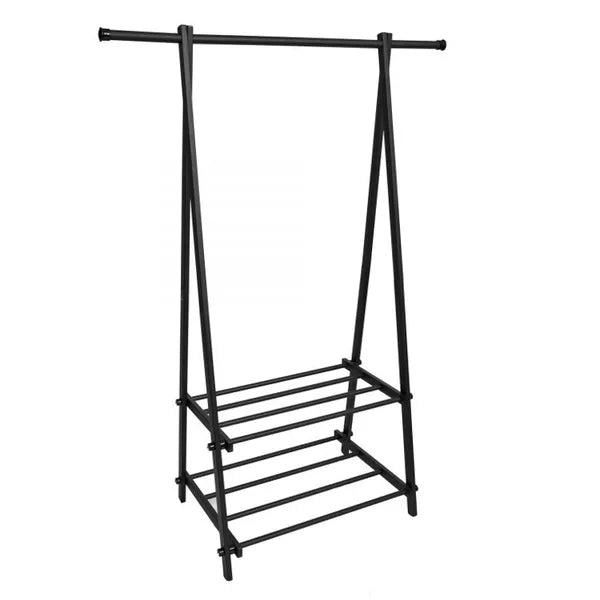 Fekete fém ruhafogas 2 polccal, karcmentes lábakkal, 150 cm magas