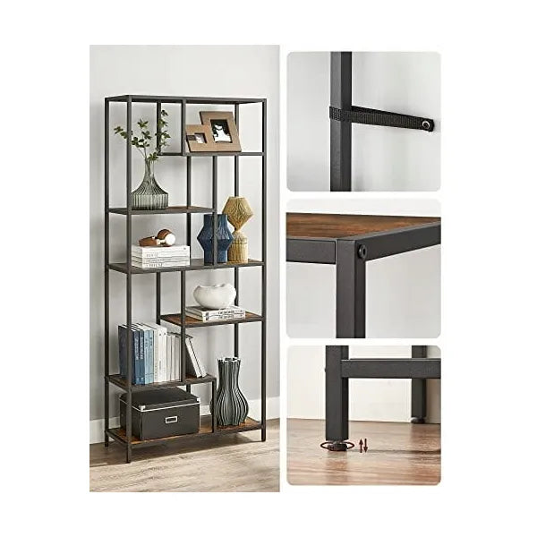 Loft stílusú, rusztikus barna-fekete könyvespolc 6 polccal, 80×30×180 cm