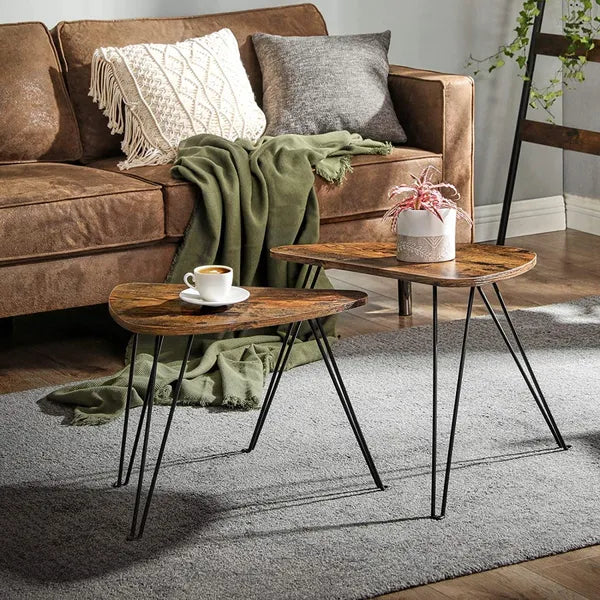 Kétrészes loft rusztikus dohányzóasztal szett, acél váz, 60/52 cm