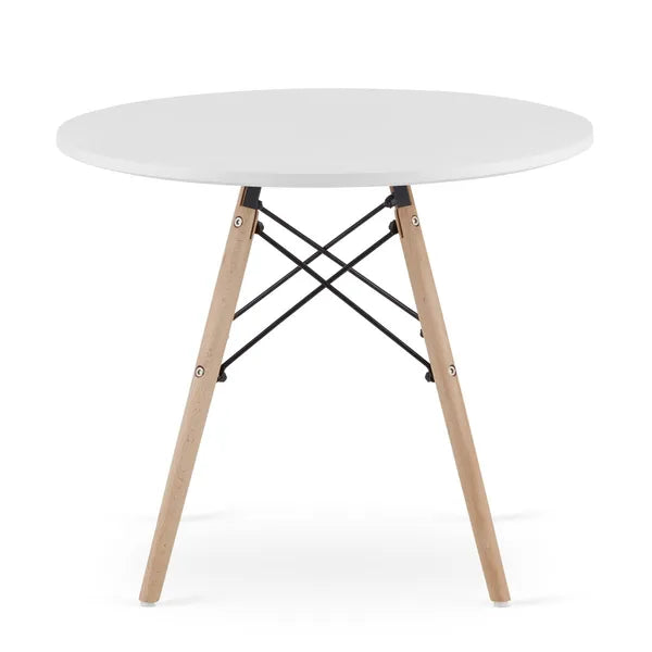 Skandináv kerek dohányzóasztal, matt fehér 60 cm MDF lap, bükk láb