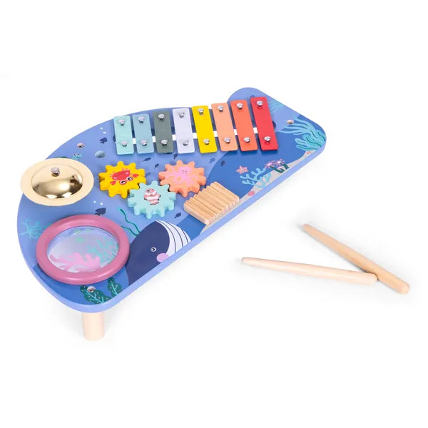 ECOTOYS fa bálna hangszerasztal xilofon, dob, cintányér, csörgő 18 hó+