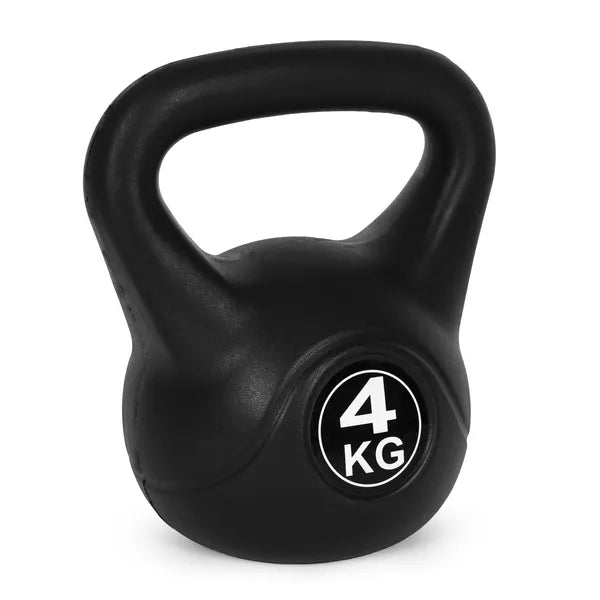 Kettlebell 4 kg műanyag burkolattal, cement maggal, lapos talppal