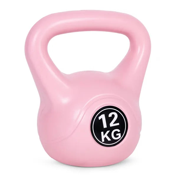 12 kg rózsaszín műanyag burkolatú kettlebell ergonomikus fogantyúval