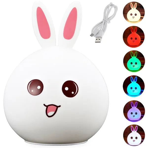 LED szilikon nyuszis éjszakai fény gyerekeknek, érintésvezérlés, RGB, USB