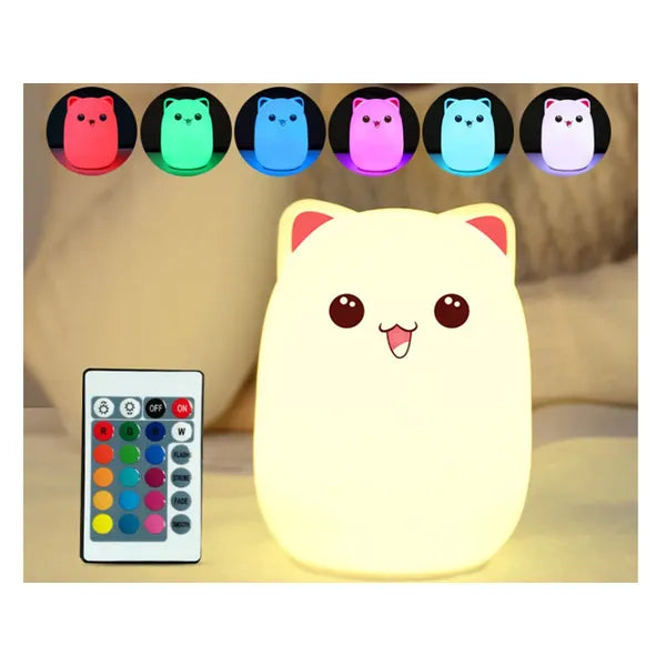 RGB színváltós macska alakú LED éjjeli lámpa, távirányító, USB tölthető