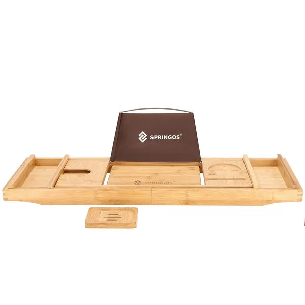 Bambusz fürdőkád polc, állítható 75–110,5 cm, pohár- és tablet tartó