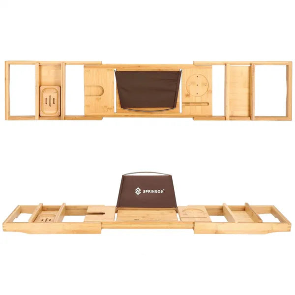 Bambusz fürdőkád polc, állítható 75–110,5 cm, pohár- és tablet tartó