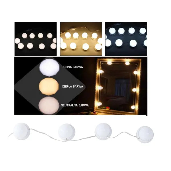 LED sminktükör világítás szett, 10 db izzó, USB, 3 színhő, 9 fényerő