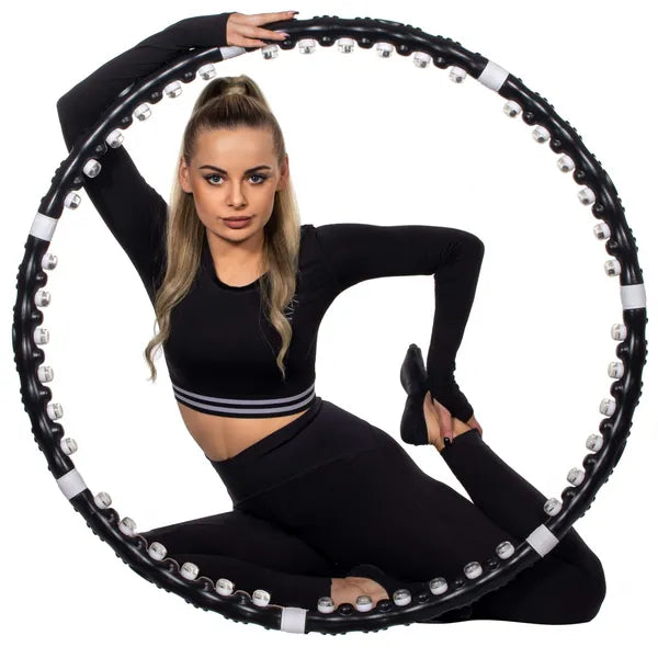 Összecsukható masszázsgolyós hula hoop 85 cm, 35 golyó, fekete-fehér