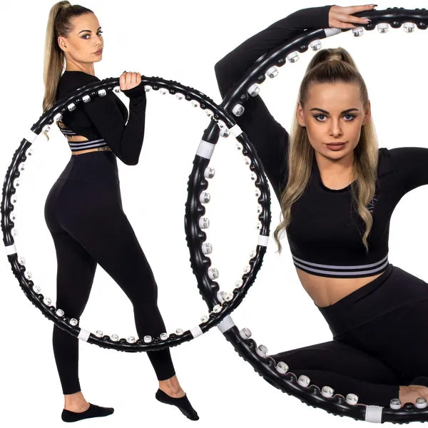Összecsukható masszázsgolyós hula hoop 85 cm, 35 golyó, fekete-fehér