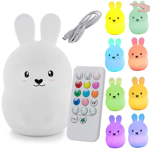 Nyuszis RGB LED éjszakai fény gyerekeknek, érintés- és távirányítós, USB-s