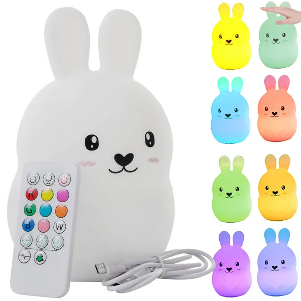 Szilikon nyuszi LED éjjeli fény RGB, érintés/távirányító, USB-tölthető