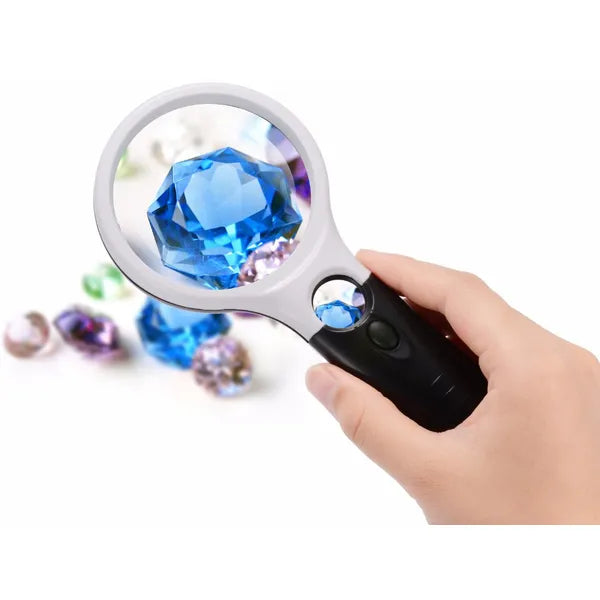 Kézi LED-es nagyító 3×/45×, 75 mm lencse, 3 beépített LED
