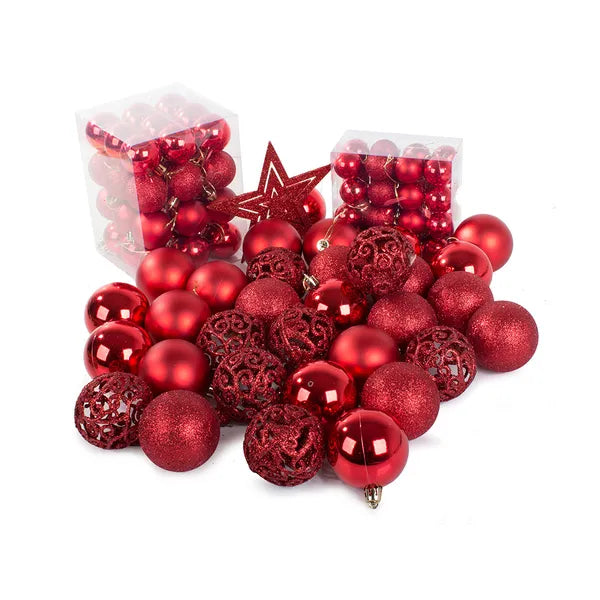 100 darabos piros műanyag karácsonyfadísz gömbkészlet 6/4/3 cm, csúcsdísszel