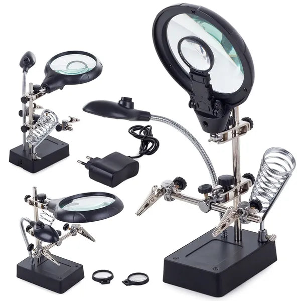 Harmadik kéz forrasztó állvány 2,5× nagyítóval, 5 LED-del, 90 mm lencse