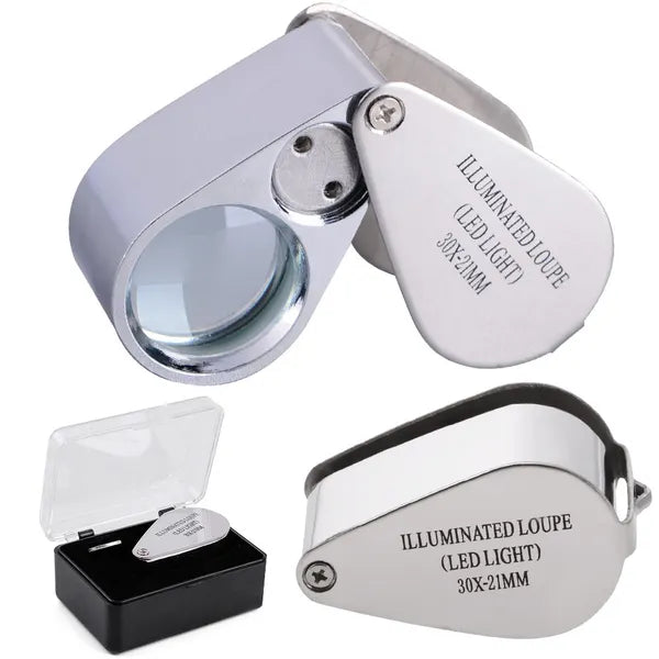 Összecsukható 30x/21 mm ékszerész nagyító, 2 LED, alumínium
