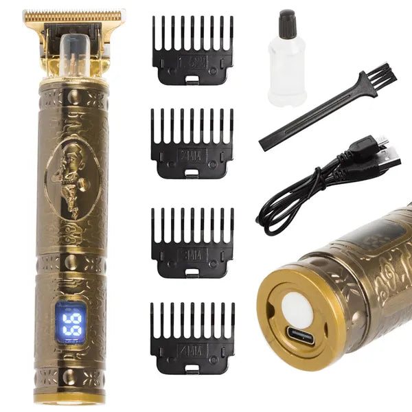 Arany vezeték nélküli szakáll- és hajvágó, USB töltés, 4 fésű, LED kijelző