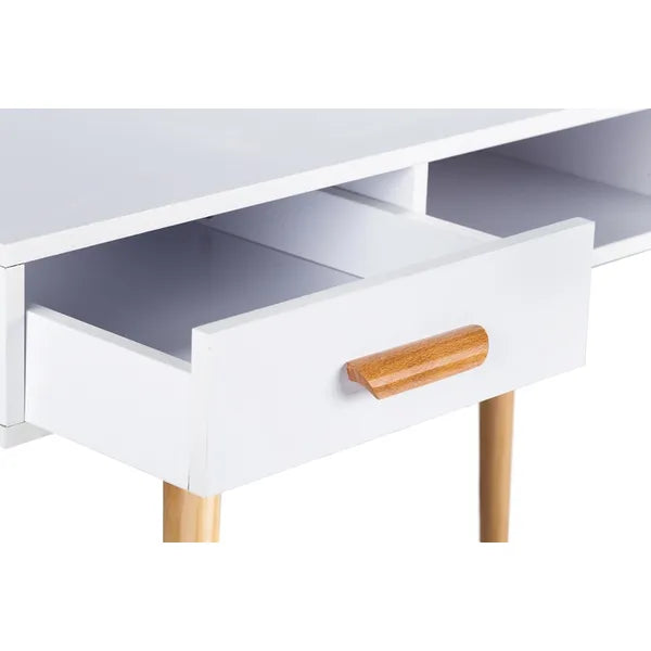 Modern fehér sminkasztal/íróasztal 120×45×75 cm, fenyőfa lábakkal, 2 fiókkal