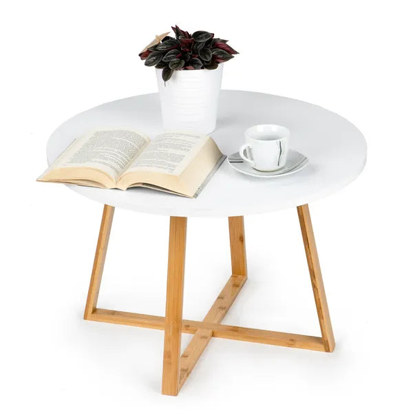 Skandináv dohányzóasztal, 60 cm, fehér MDF lap, bambusz lábak