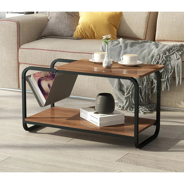 Modern loft dohányzóasztal, 2 szintes, MDF 86,5×40×46 cm, fekete fém vázzal