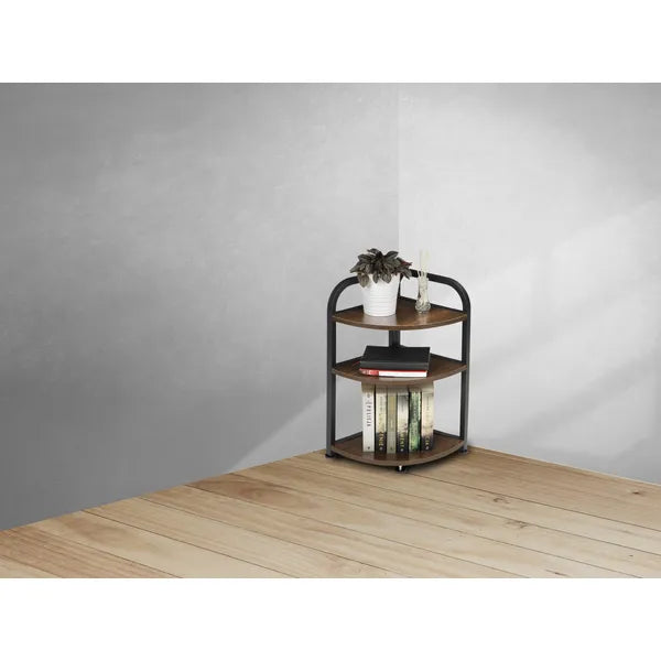 Loft sarokpolc porszórt fém vázzal, 3 sötétbarna fa polc, 32×62 cm