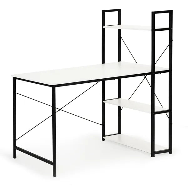 Loft íróasztal 120×64 cm, fehér MDF lap, 4 polcos fém könyvespolc