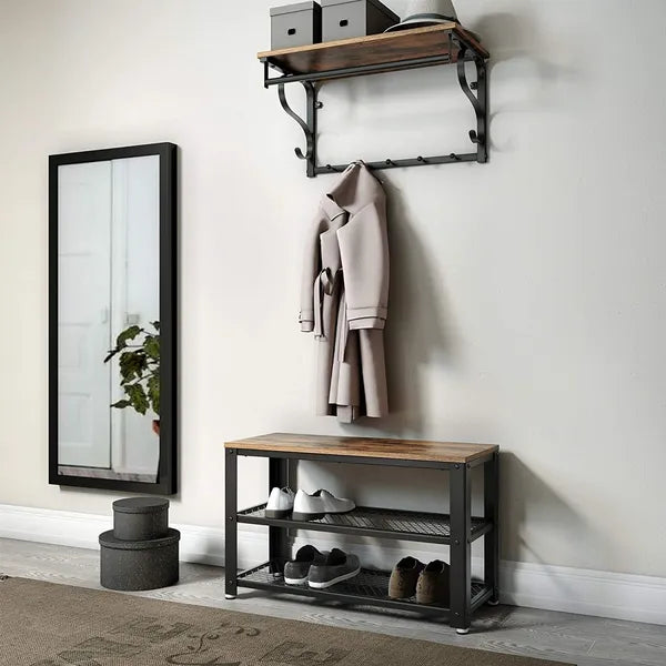 Loft cipősszekrény ülőkével, 2 polc, fém-fa, 73×30×45 cm, rusztikus barna