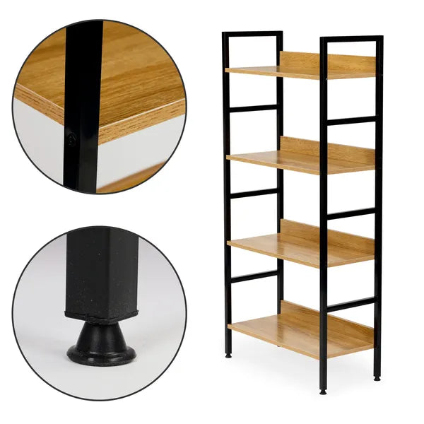 Loft stílusú 4 polcos fa–fém könyvespolc, 60x28x125 cm, állítható lábakkal