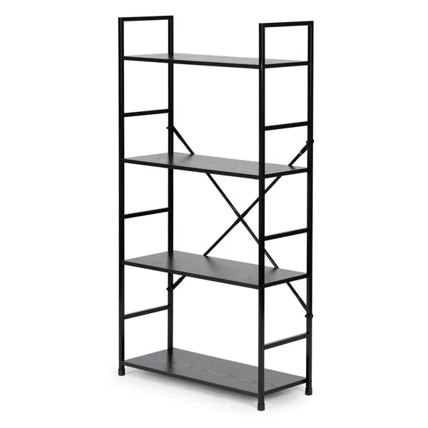 Loft stílusú 4 polcos könyvespolc, MDF/fém, 113 cm, fekete
