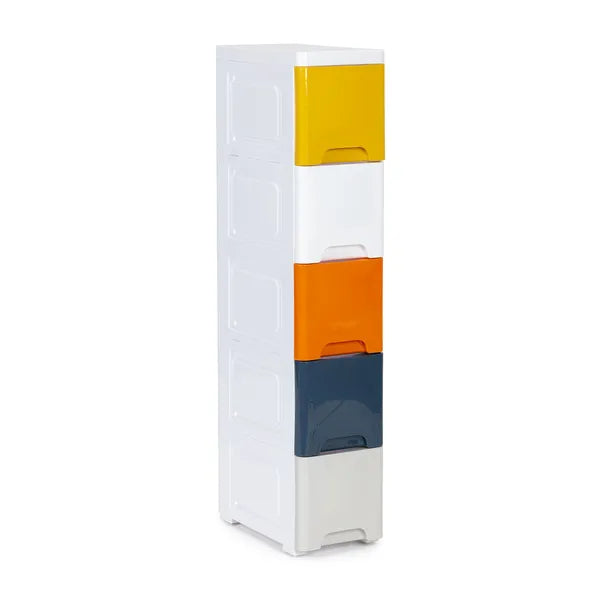 Gyerek- vagy fürdőszobai gurulós műanyag polcrendszer 5 fiókkal 83×32×18 cm