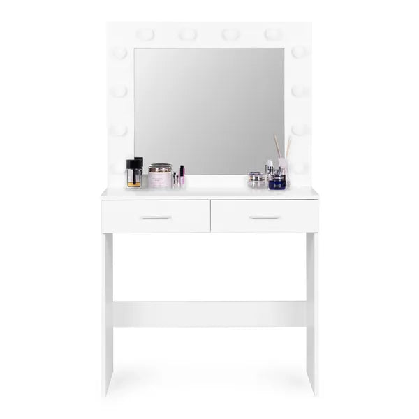 Fehér sminkasztal 12 LED-es tükörvilágítással, 80×40×140 cm, ülőkével
